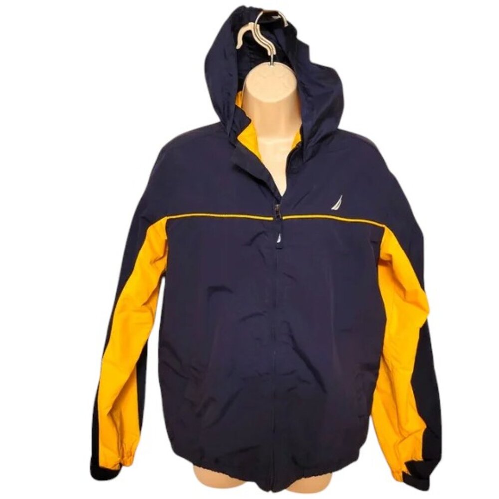 Nautica Windbreaker Yellow & Blue Zip Front Packable Collar